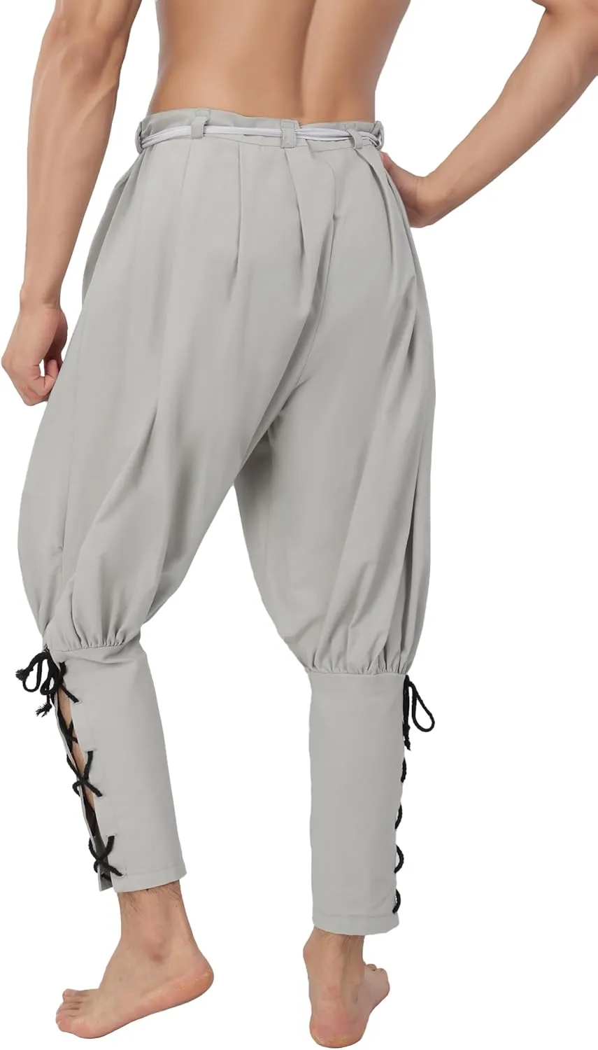 KUOIN Medieval Renaissance Ankle Banded Pants for Men Pirate Navigator Trousers Linen Bottoms