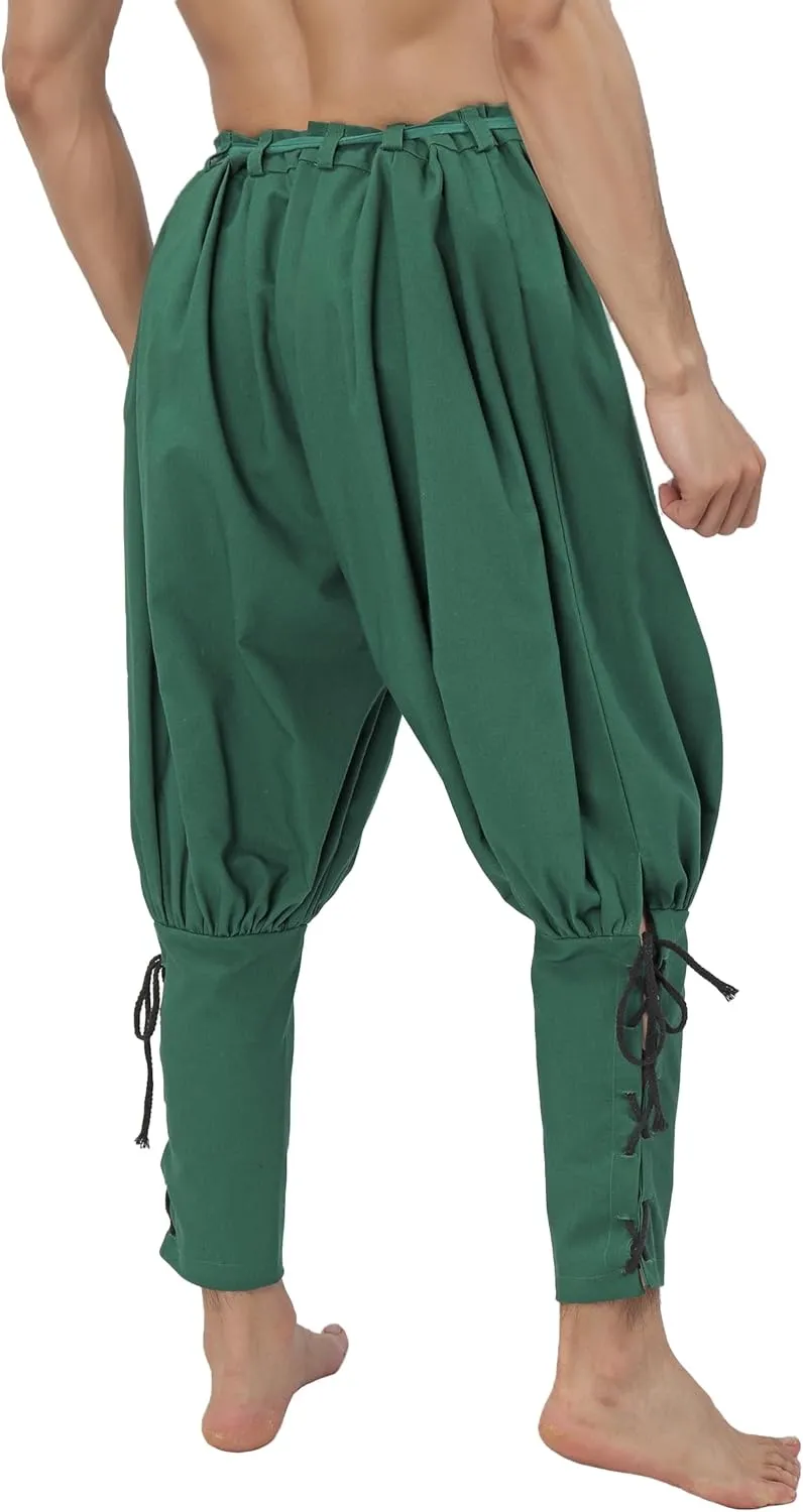 KUOIN Medieval Renaissance Ankle Banded Pants for Men Pirate Navigator Trousers Linen Bottoms