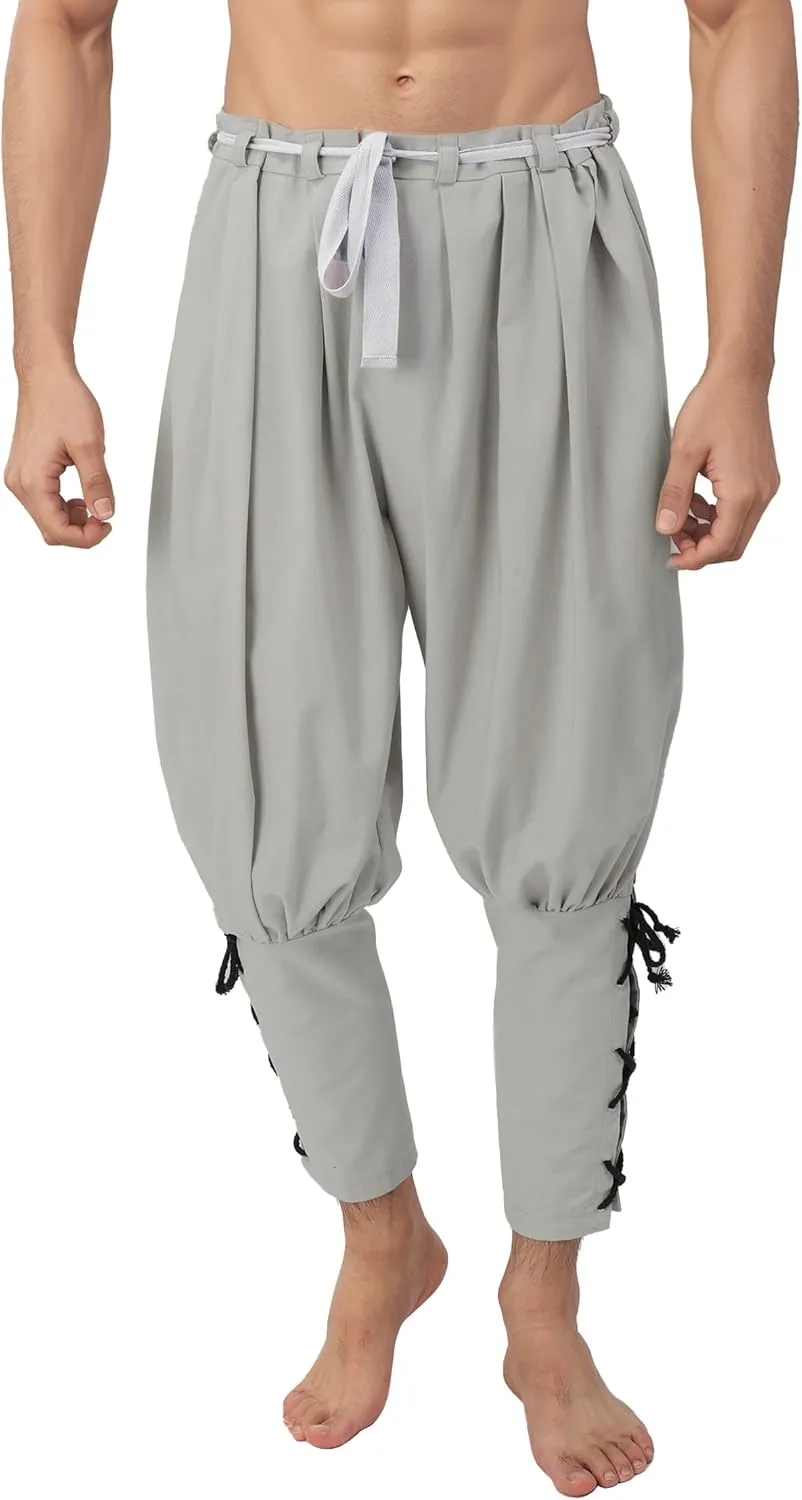 KUOIN Medieval Renaissance Ankle Banded Pants for Men Pirate Navigator Trousers Linen Bottoms