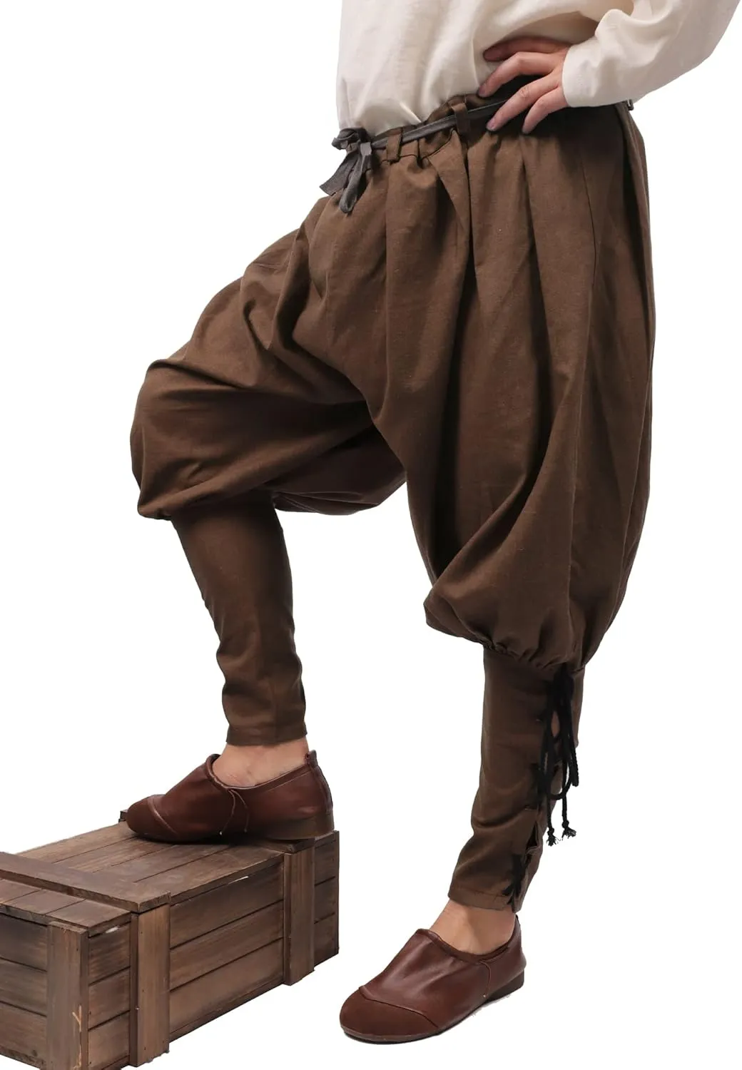 KUOIN Medieval Renaissance Ankle Banded Pants for Men Pirate Navigator Trousers Linen Bottoms