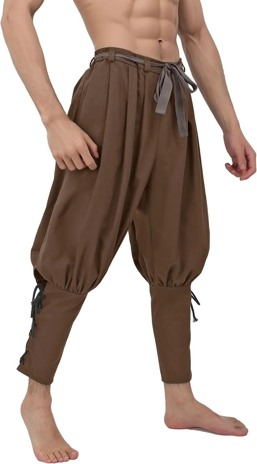 KUOIN Medieval Renaissance Ankle Banded Pants for Men Pirate Navigator Trousers Linen Bottoms