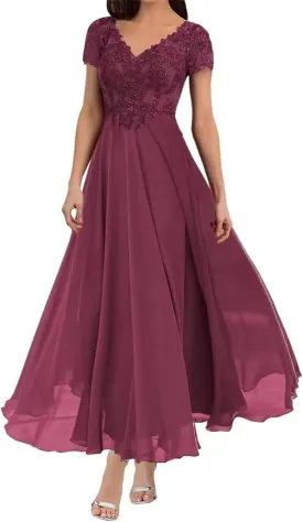 Lace Mother of The Bride Dresses for Wedding Tea Length Short Sleeve Chiffon Formal Evening Dress for Women