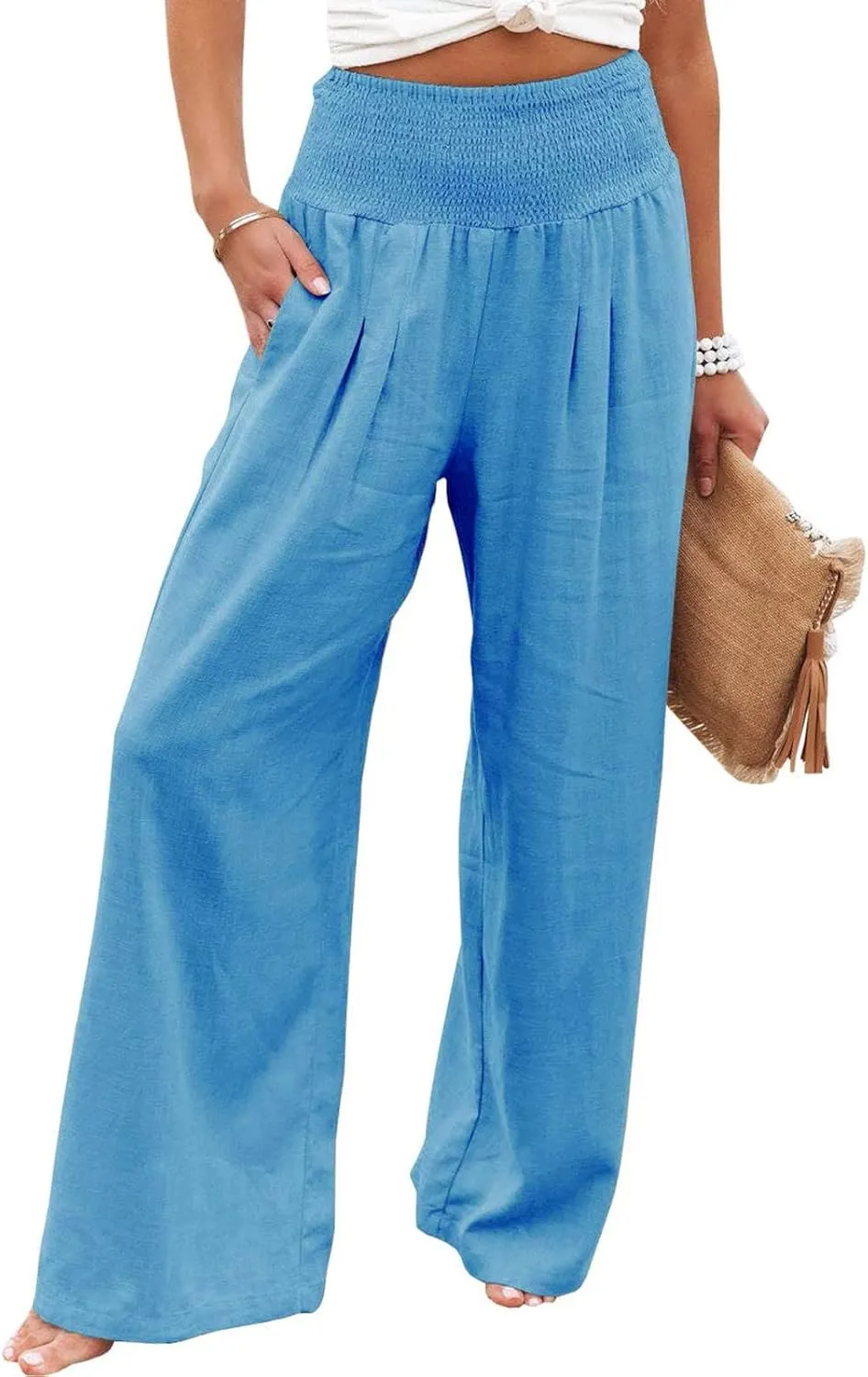 Linen Pants Women Summer Wide Leg Pants Smocked Waist Pants High Waisted Lounge Pants Casual Flowy Palazzo Beach Trousers
