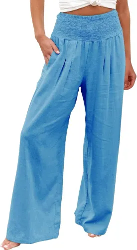 Linen Pants Women Summer Wide Leg Pants Smocked Waist Pants High Waisted Lounge Pants Casual Flowy Palazzo Beach Trousers