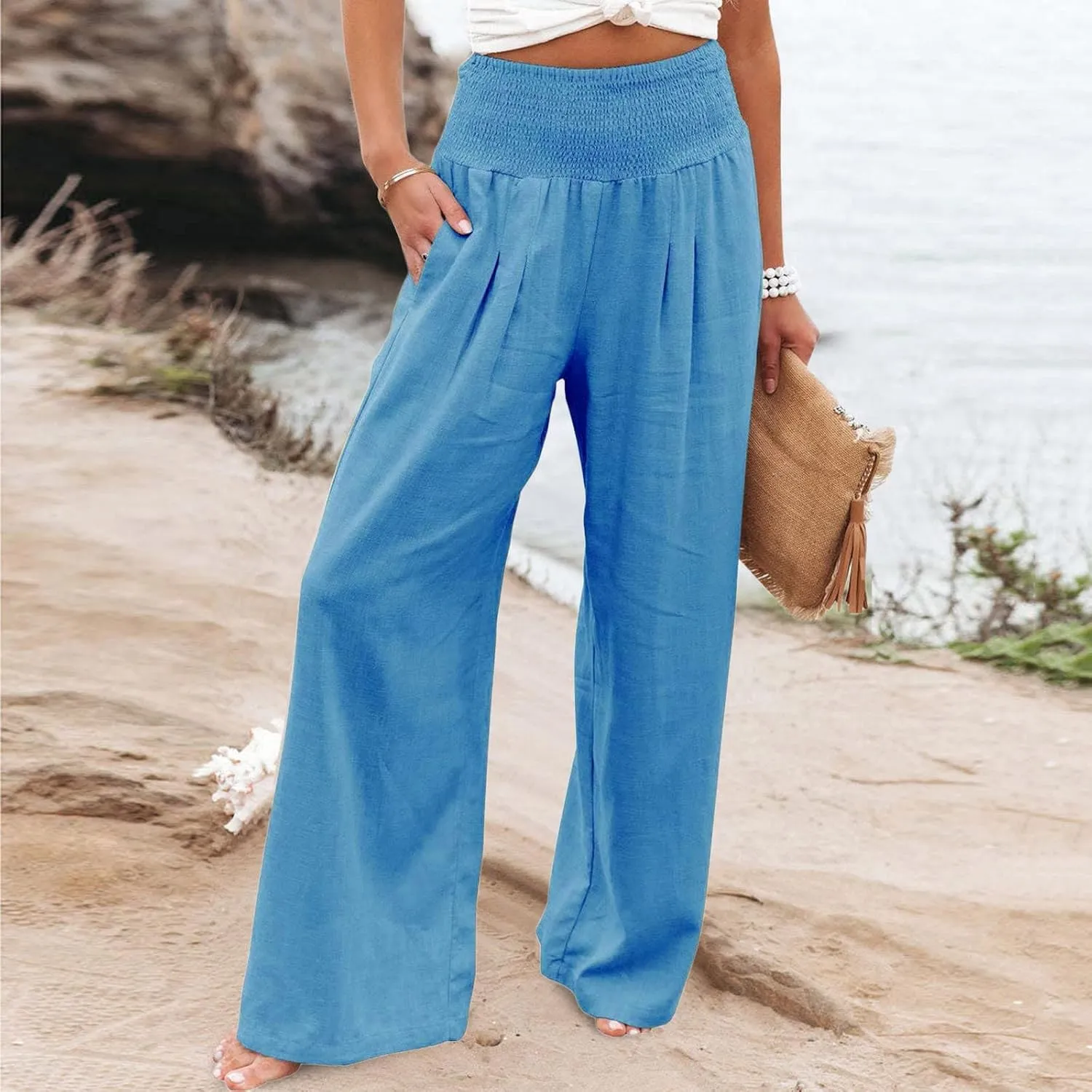 Linen Pants Women Summer Wide Leg Pants Smocked Waist Pants High Waisted Lounge Pants Casual Flowy Palazzo Beach Trousers