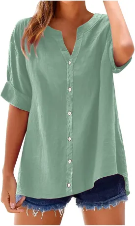 Linen Shirts for Women 2025 Gauze Short Sleeve V Neck Button Loose Fit Blouses Vacation Dress Casual Tunic Tops