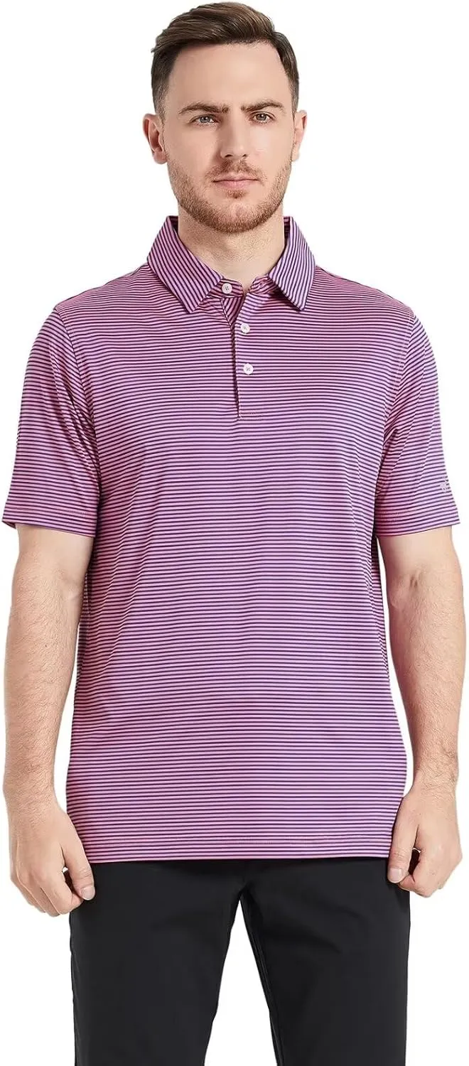 Mens Golf Shirt Moisture Wicking Dry Fit Performance Sport Short Sleeve Striped Golf Polo Shirts for Men