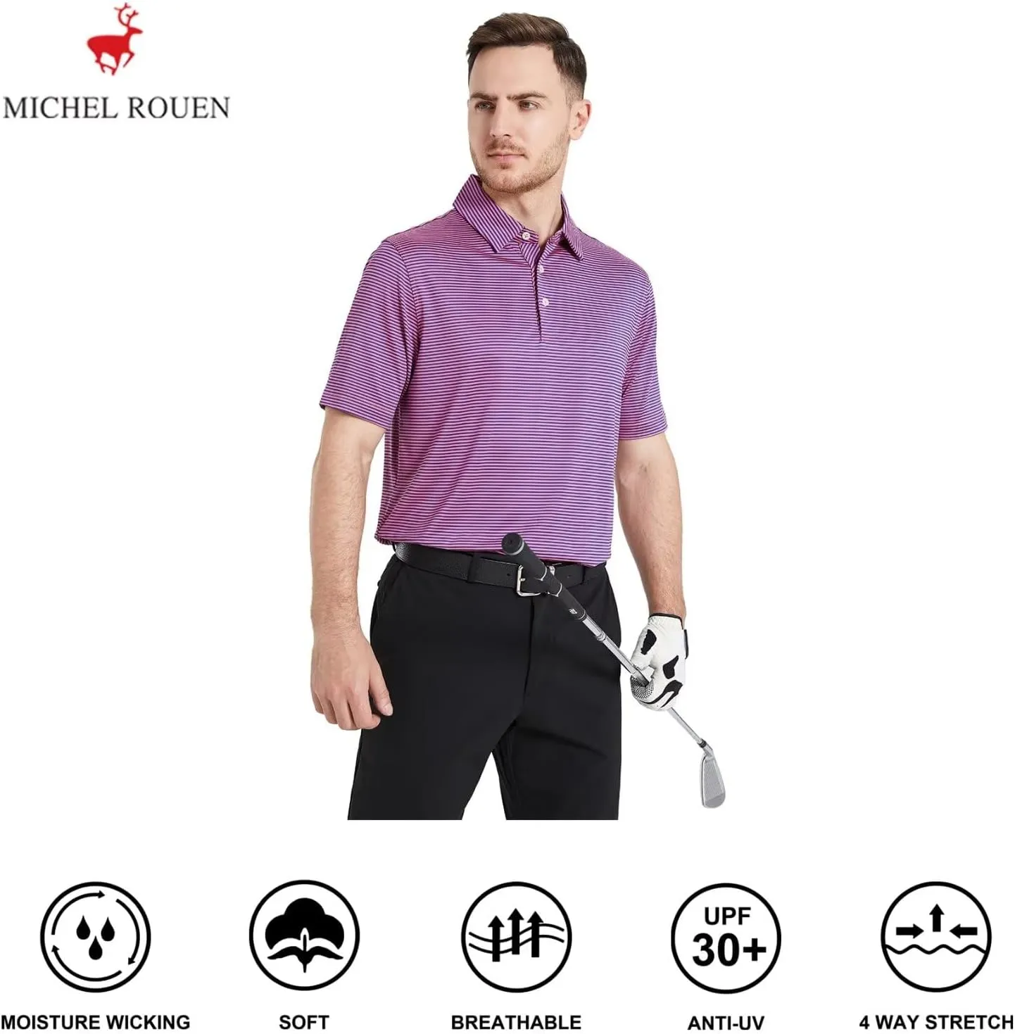 Mens Golf Shirt Moisture Wicking Dry Fit Performance Sport Short Sleeve Striped Golf Polo Shirts for Men
