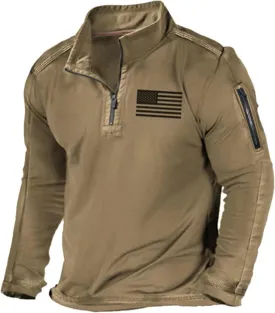 Mens Tactical Sweatshirts with No Hood Long Sleeve Stand Collar Casual 1/4 Zip American Flag Patriotic Pullover Sweater Tops