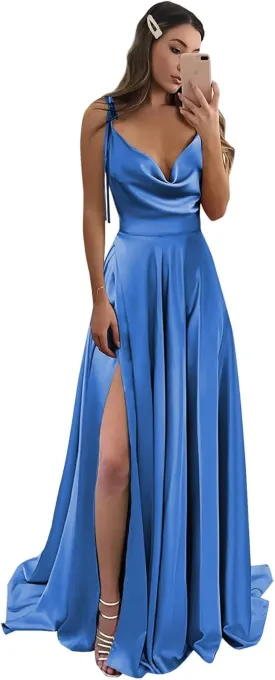 Monvelli Cowl Neck Satin Bridesmaid Dresses Long with Slit Spaghetti Straps Formal Prom Evening Gowns with Pockets 2025