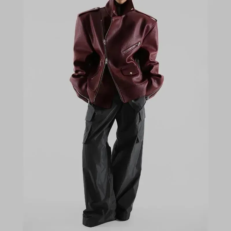Oversized Jessy Burgundy double Zipper Long Sleeved Coat Biker Jacket
