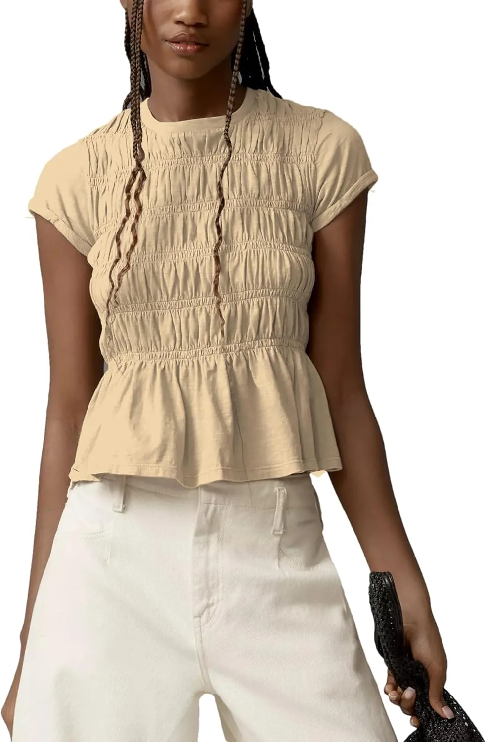 Peplum Babydoll Tops for Women Summer Going Out Top Casual Crew Neck Flowy Loose Fit Tunic Shirts Cute Blouses