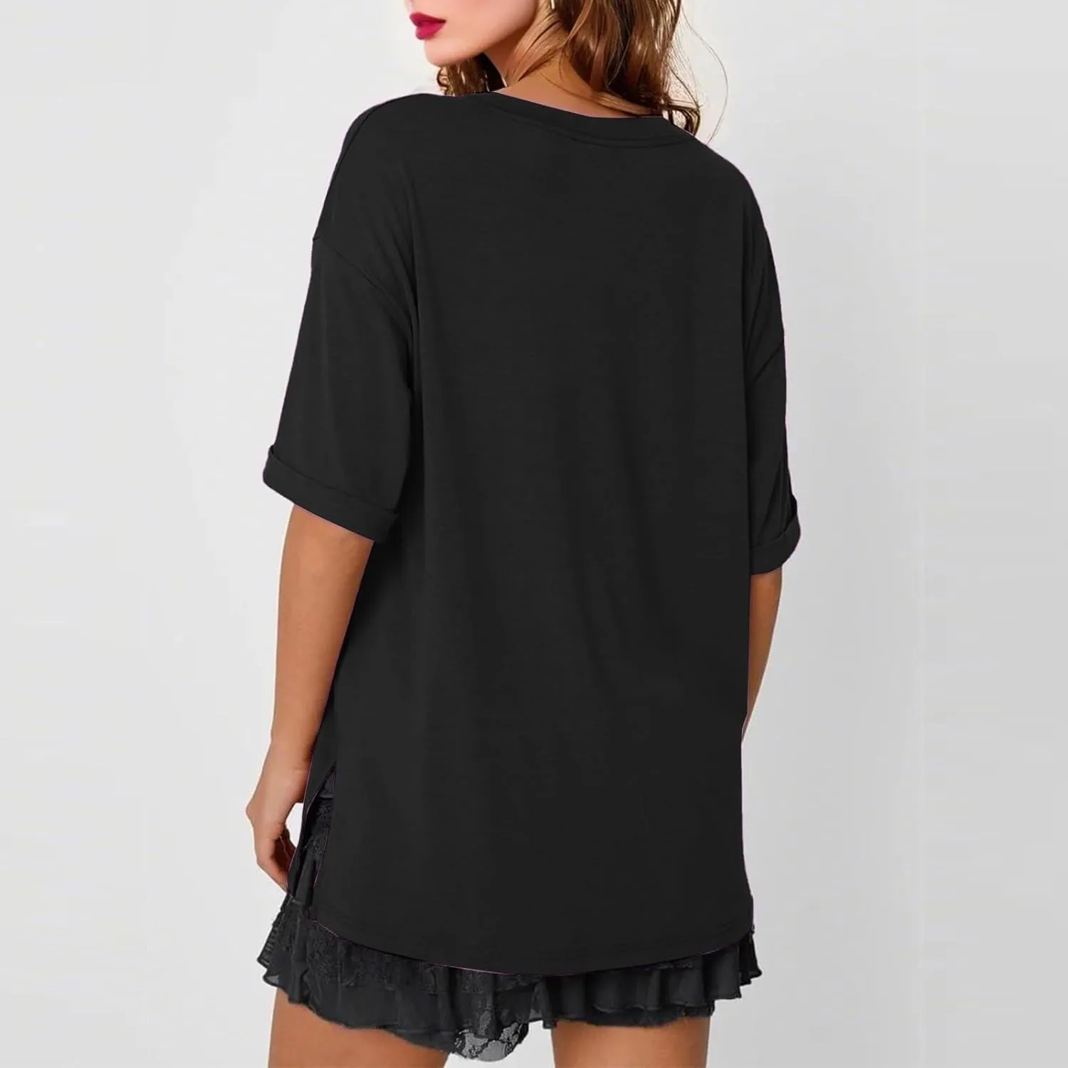 Plus Size Tops for Women Oversized Tshirts Short Sleeve V Neck Tunic Side Slit Blouse Dressy Plain Basic Tees