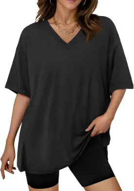 Plus Size Tops for Women Oversized Tshirts Short Sleeve V Neck Tunic Side Slit Blouse Dressy Plain Basic Tees