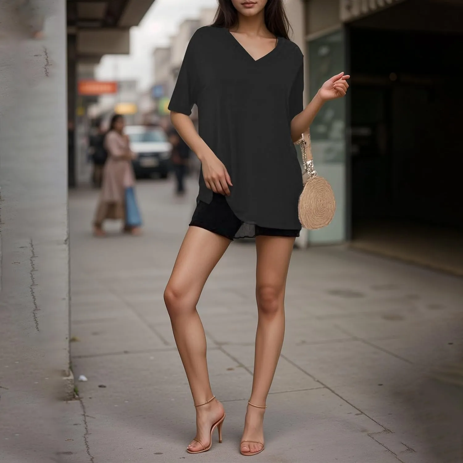 Plus Size Tops for Women Oversized Tshirts Short Sleeve V Neck Tunic Side Slit Blouse Dressy Plain Basic Tees