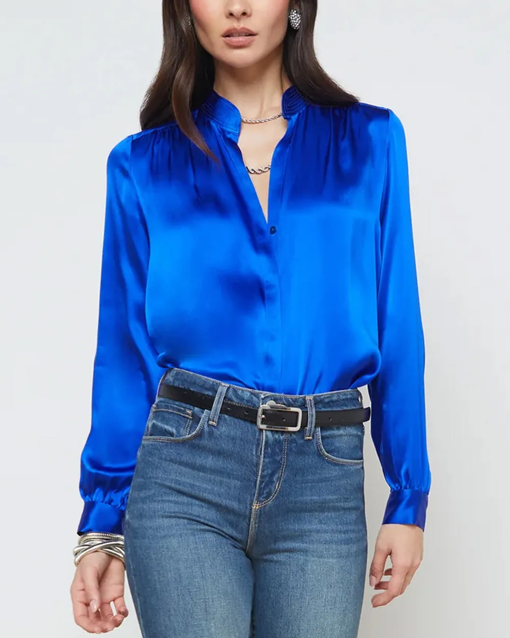 Pop Cobalt Bianca Band Collar Blouse