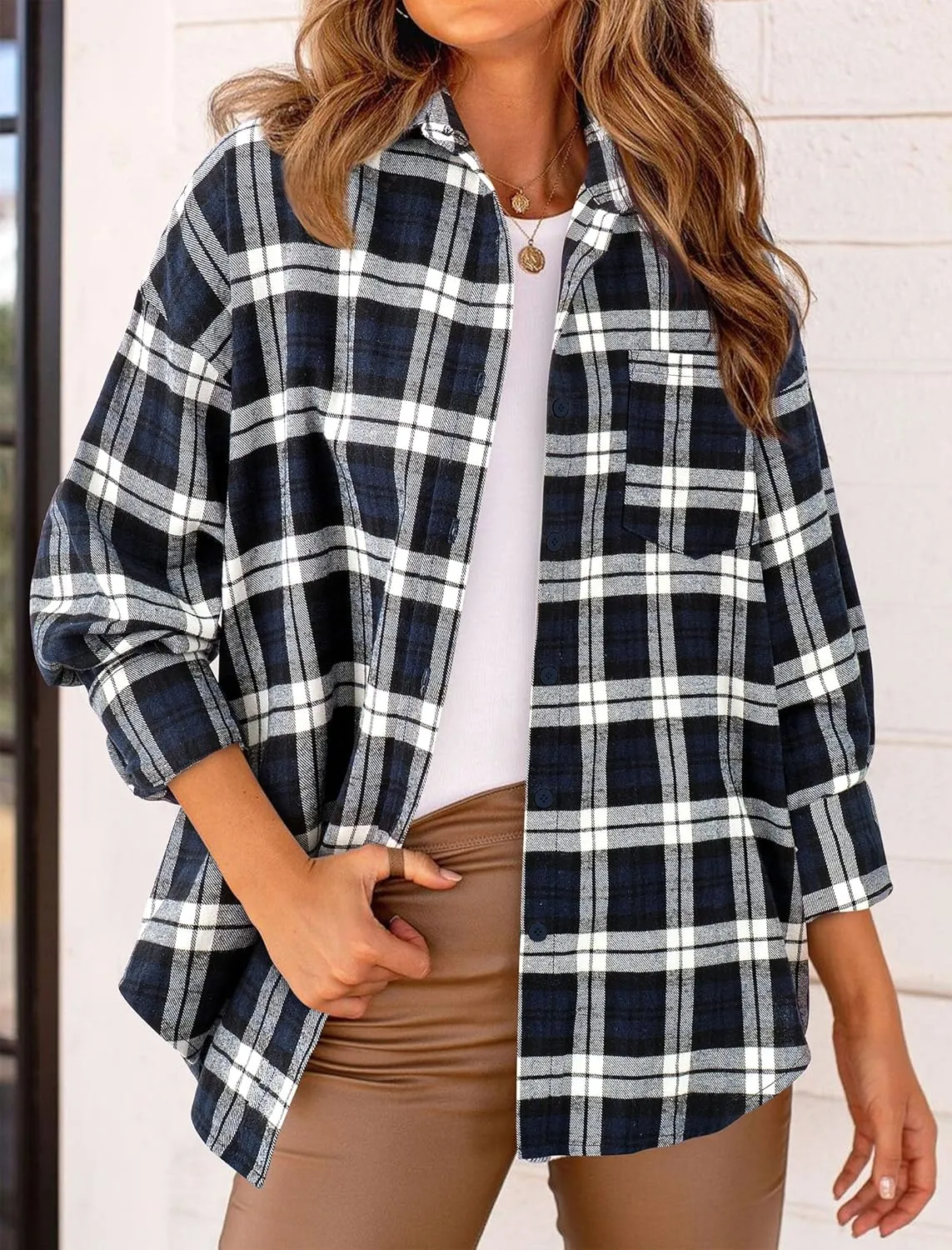 PRETTYGARDEN Women's Fall Long Sleeve Button Down Plaid Shirts Collared Loose Fit Cotton Casual Lightweight Shackets Blouses