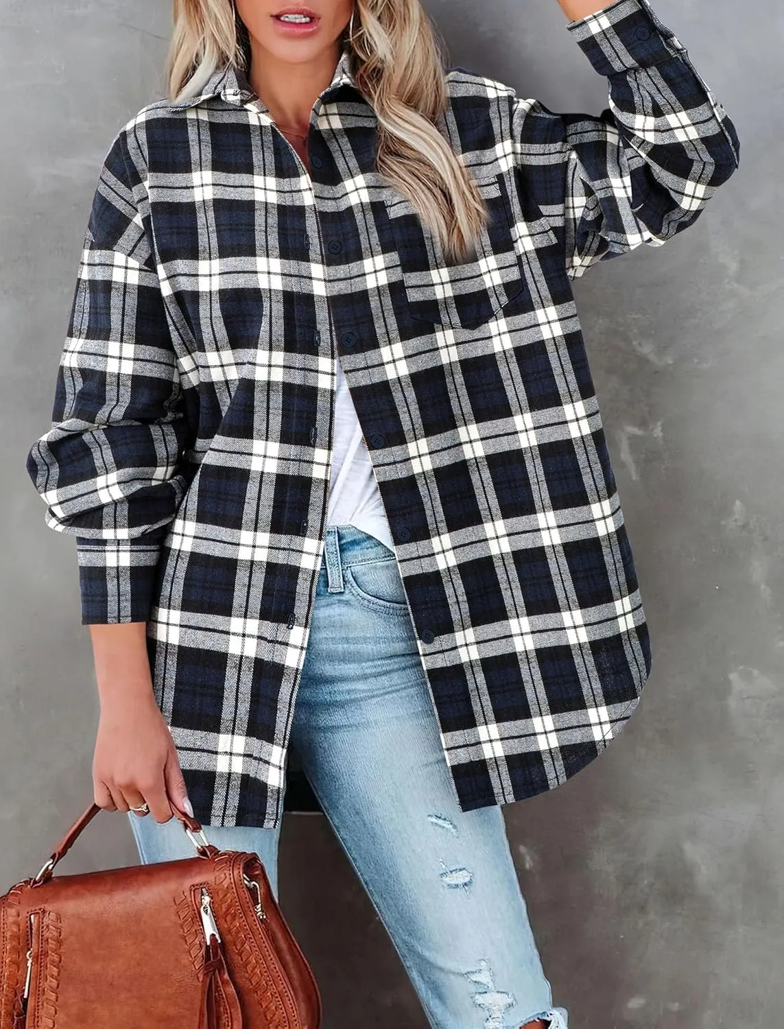 PRETTYGARDEN Women's Fall Long Sleeve Button Down Plaid Shirts Collared Loose Fit Cotton Casual Lightweight Shackets Blouses
