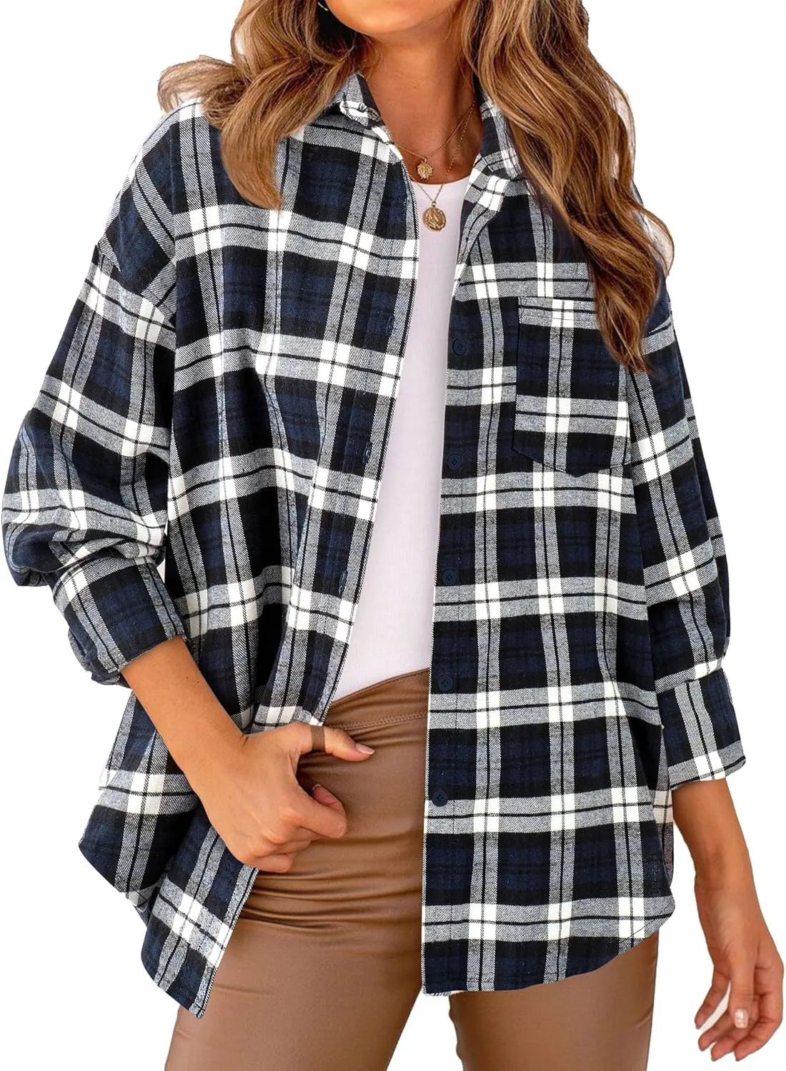 PRETTYGARDEN Women's Fall Long Sleeve Button Down Plaid Shirts Collared Loose Fit Cotton Casual Lightweight Shackets Blouses