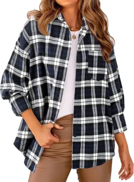 PRETTYGARDEN Women's Fall Long Sleeve Button Down Plaid Shirts Collared Loose Fit Cotton Casual Lightweight Shackets Blouses