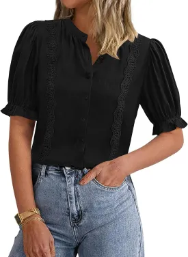PRETTYGARDEN Womens Puff Ruffle Sleeve Tops 2025 Summer Trendy V Neck Button Down Shirts Casual Embroidery Chiffon Blouses