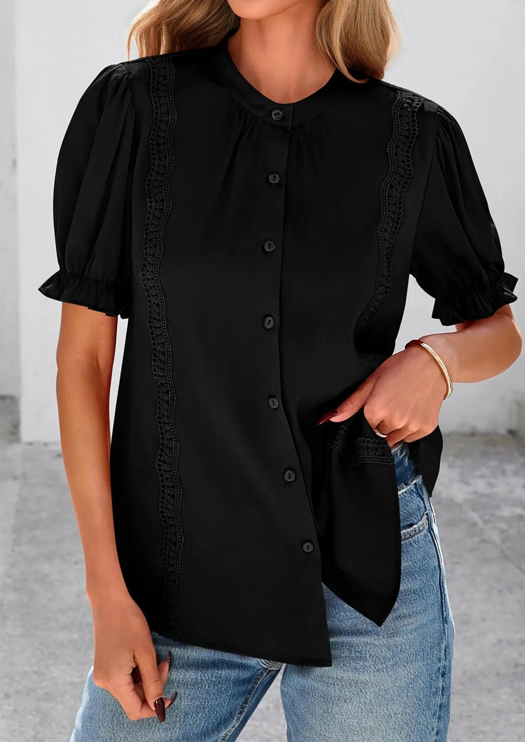 PRETTYGARDEN Womens Puff Ruffle Sleeve Tops 2025 Summer Trendy V Neck Button Down Shirts Casual Embroidery Chiffon Blouses