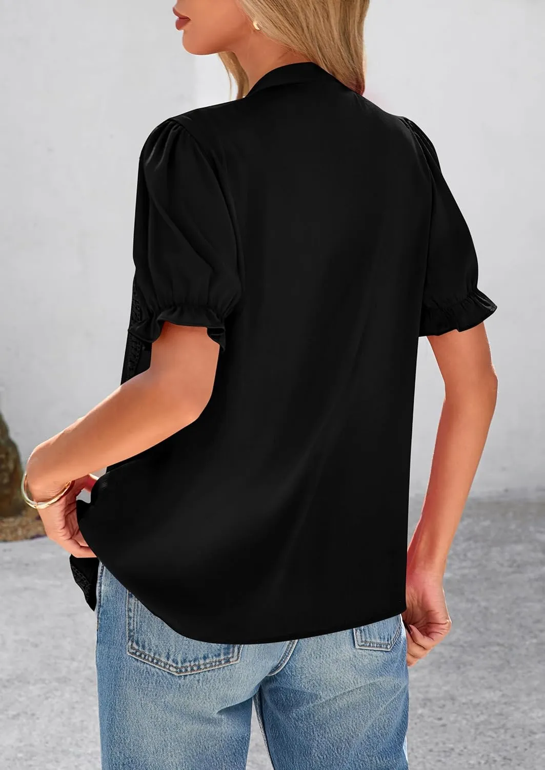 PRETTYGARDEN Womens Puff Ruffle Sleeve Tops 2025 Summer Trendy V Neck Button Down Shirts Casual Embroidery Chiffon Blouses