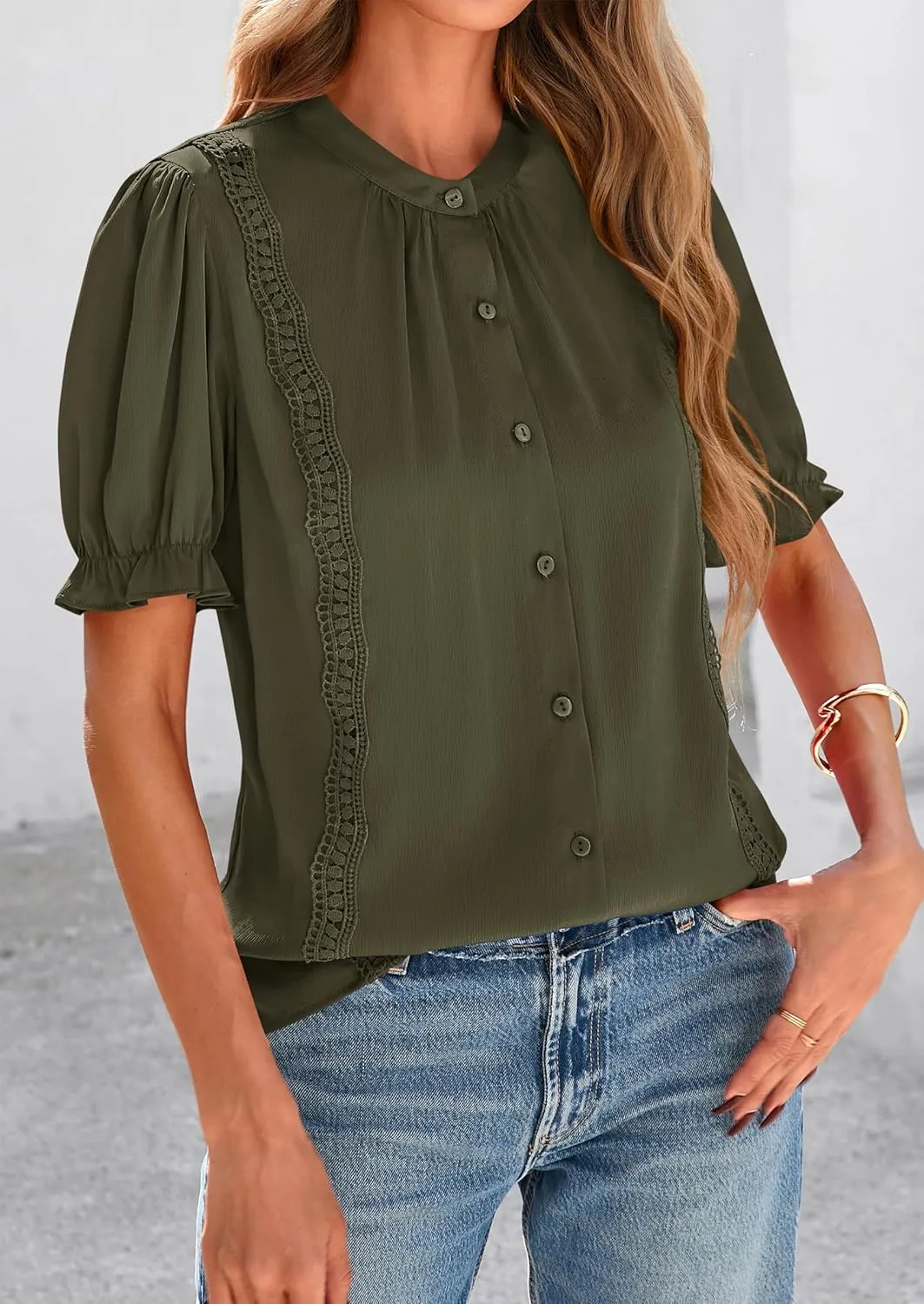PRETTYGARDEN Womens Puff Ruffle Sleeve Tops 2025 Summer Trendy V Neck Button Down Shirts Casual Embroidery Chiffon Blouses