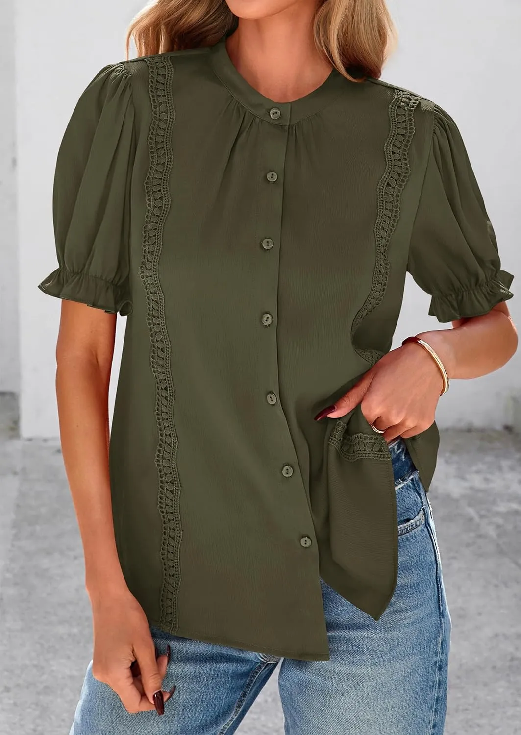 PRETTYGARDEN Womens Puff Ruffle Sleeve Tops 2025 Summer Trendy V Neck Button Down Shirts Casual Embroidery Chiffon Blouses
