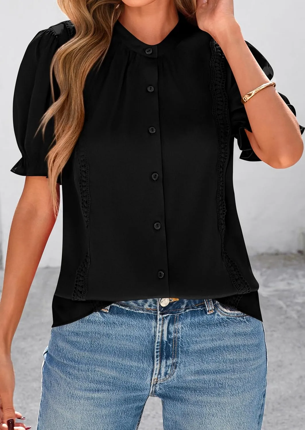 PRETTYGARDEN Womens Puff Ruffle Sleeve Tops 2025 Summer Trendy V Neck Button Down Shirts Casual Embroidery Chiffon Blouses