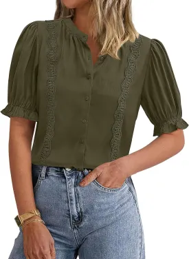 PRETTYGARDEN Womens Puff Ruffle Sleeve Tops 2025 Summer Trendy V Neck Button Down Shirts Casual Embroidery Chiffon Blouses