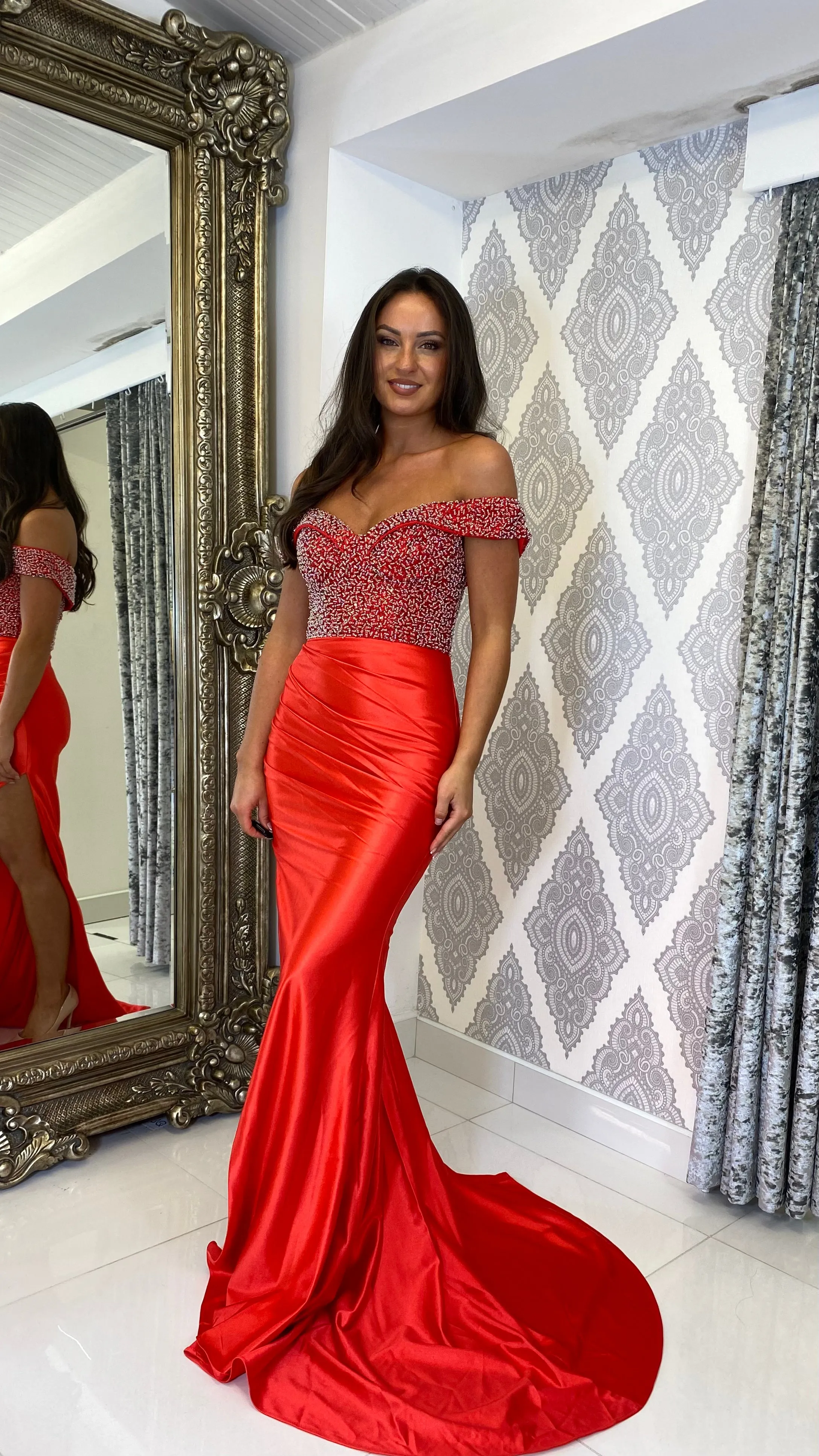 Red Sequin Top Bardot Formal Gown