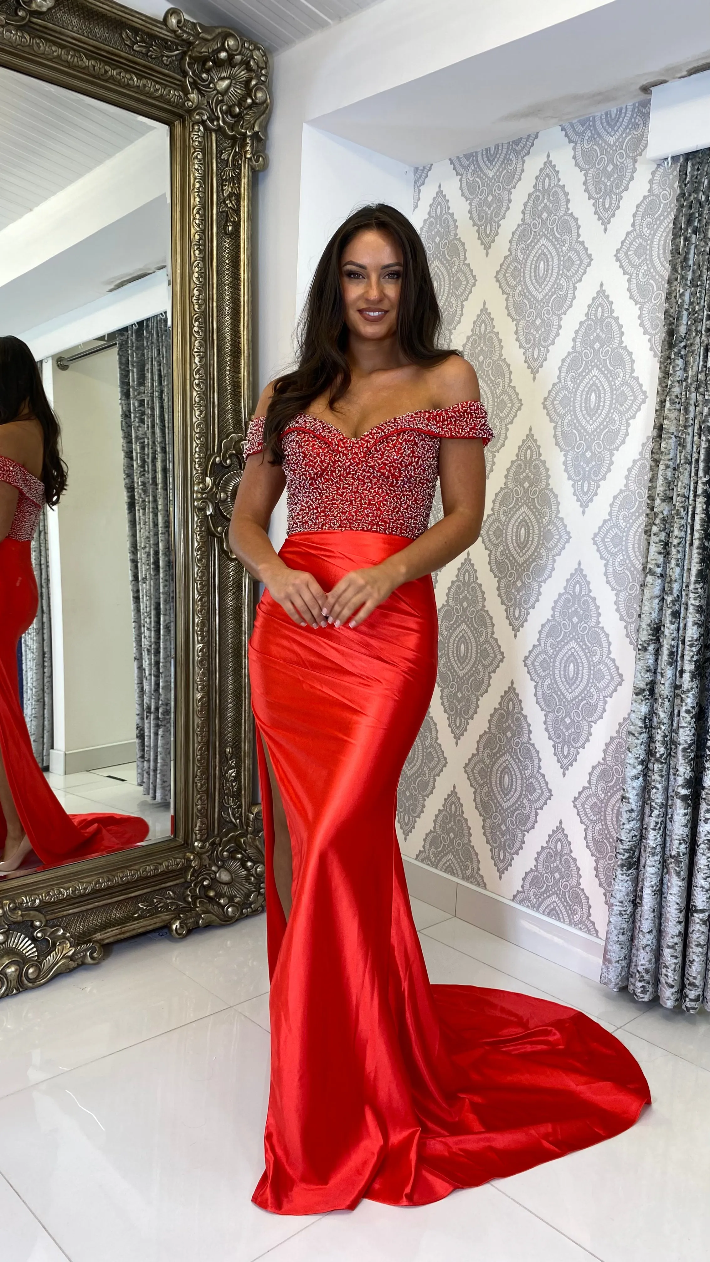 Red Sequin Top Bardot Formal Gown