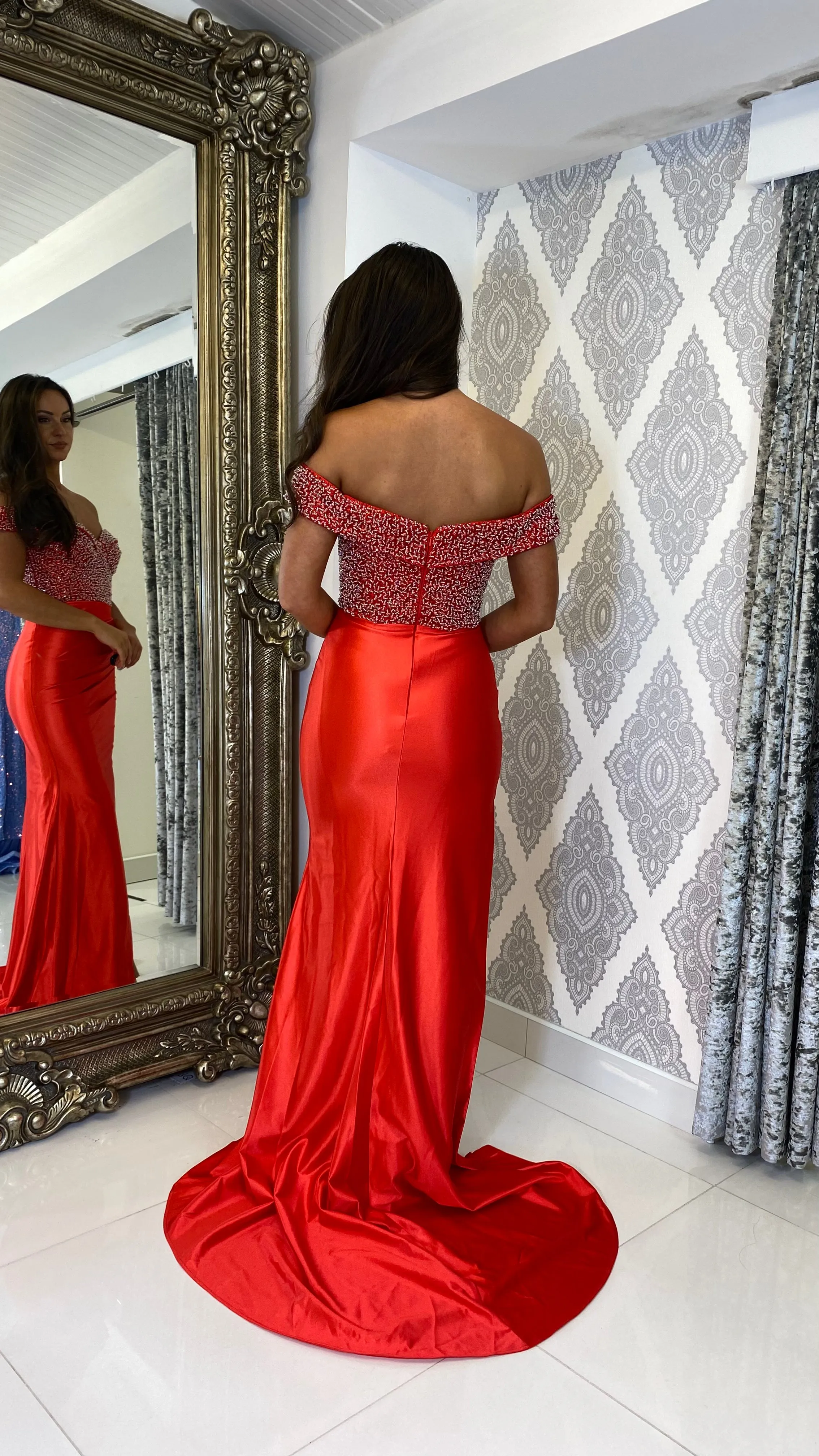 Red Sequin Top Bardot Formal Gown