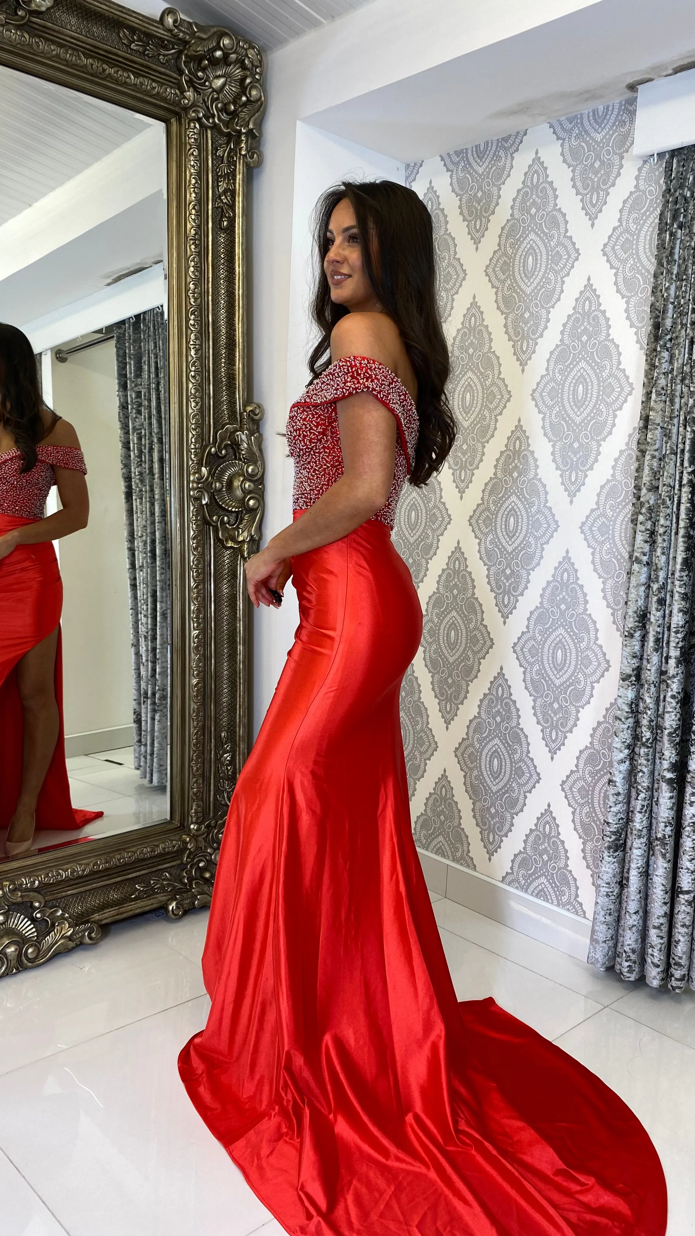 Red Sequin Top Bardot Formal Gown