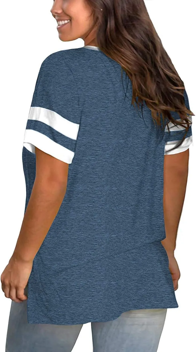 ROSRISS Plus-Size Womens Tops V Neck Color Block Tee Side Split Striped Tunics