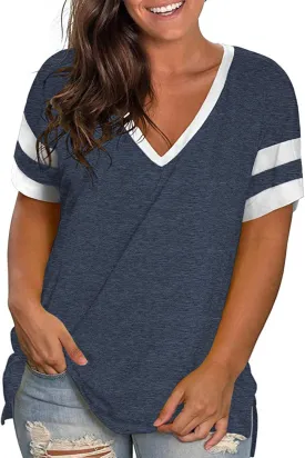 ROSRISS Plus-Size Womens Tops V Neck Color Block Tee Side Split Striped Tunics