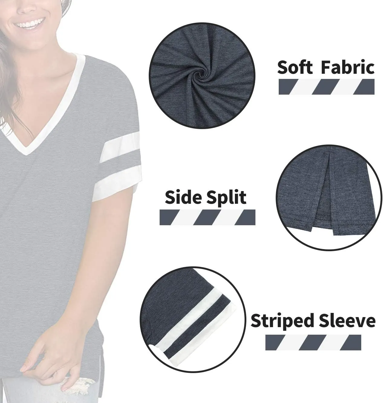 ROSRISS Plus-Size Womens Tops V Neck Color Block Tee Side Split Striped Tunics