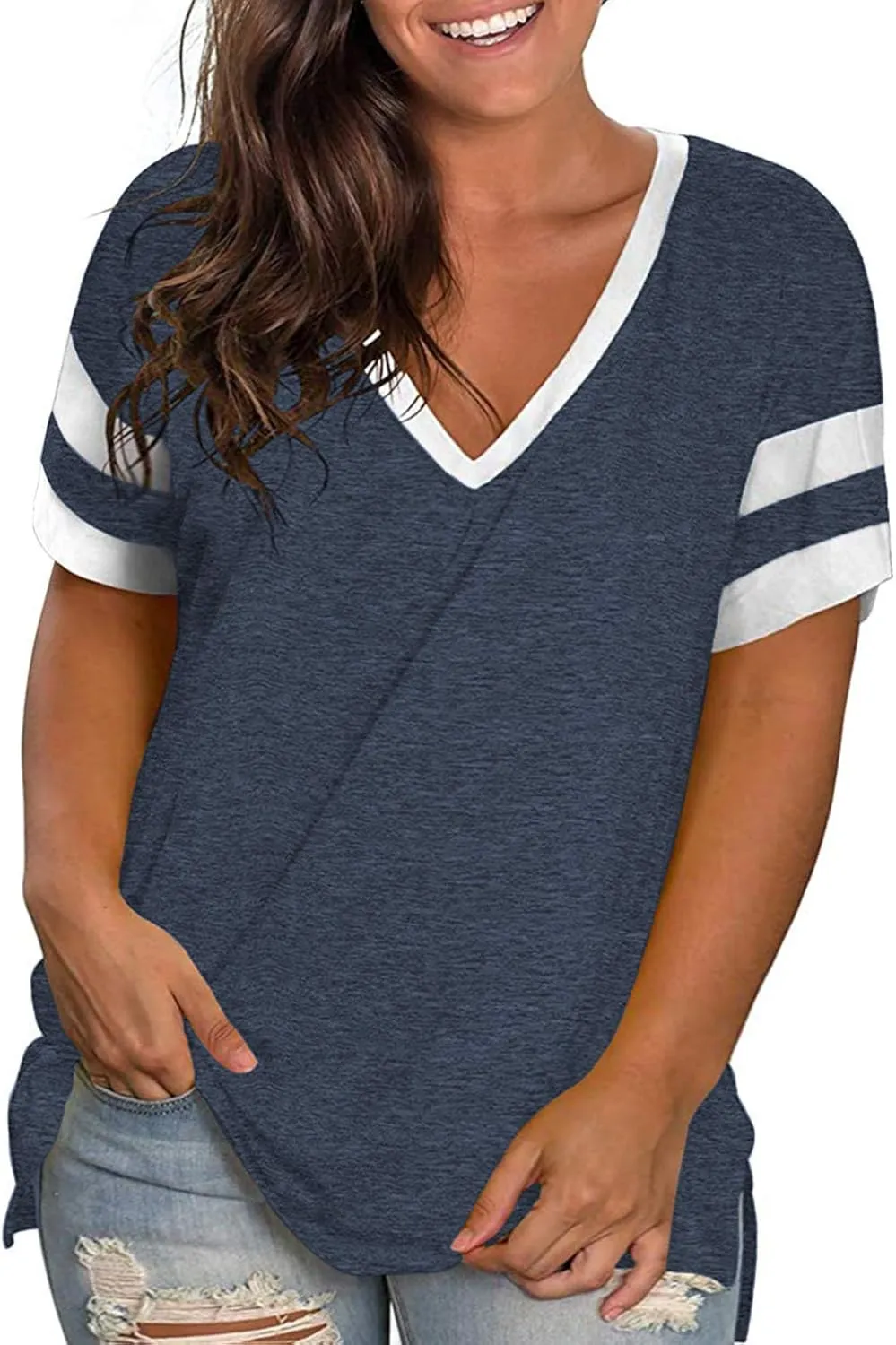 ROSRISS Plus-Size Womens Tops V Neck Color Block Tee Side Split Striped Tunics