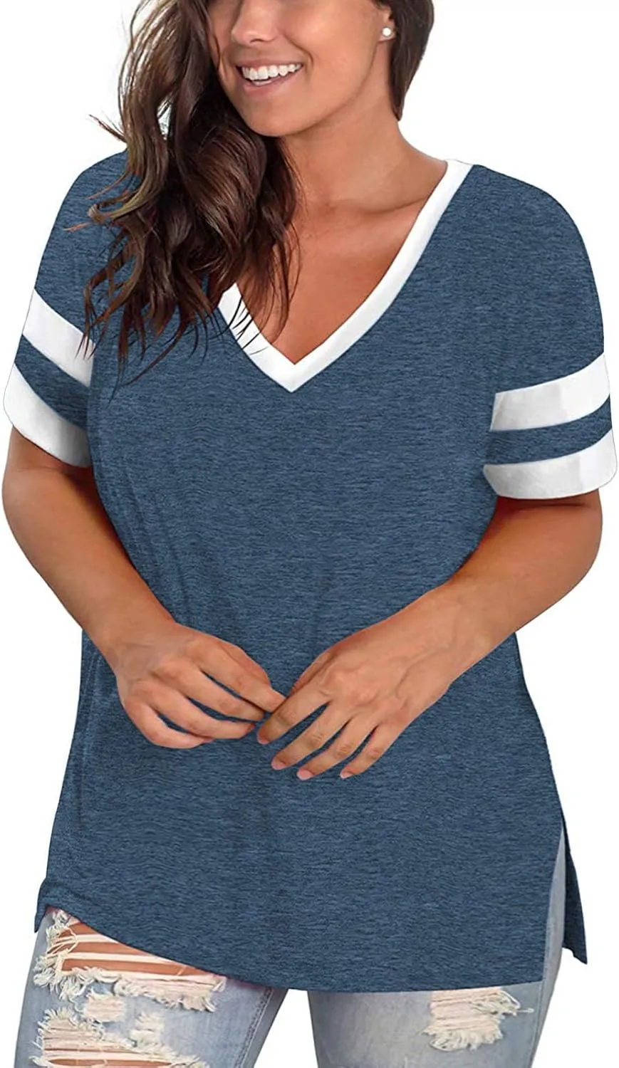 ROSRISS Plus-Size Womens Tops V Neck Color Block Tee Side Split Striped Tunics