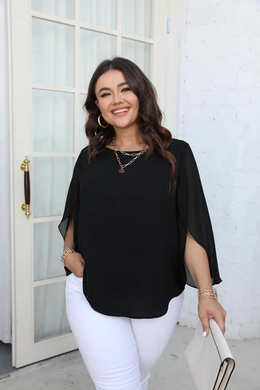 SCOMCHIC Plus Size Blouses for Women Summer Chiffon 3/4 Sleeve Tunic Tops Dressy Scoop Neck Casual Loose Flowy Shirts