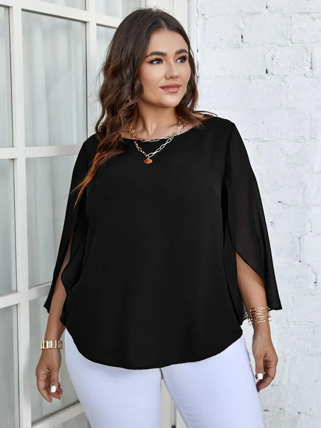 SCOMCHIC Plus Size Blouses for Women Summer Chiffon 3/4 Sleeve Tunic Tops Dressy Scoop Neck Casual Loose Flowy Shirts