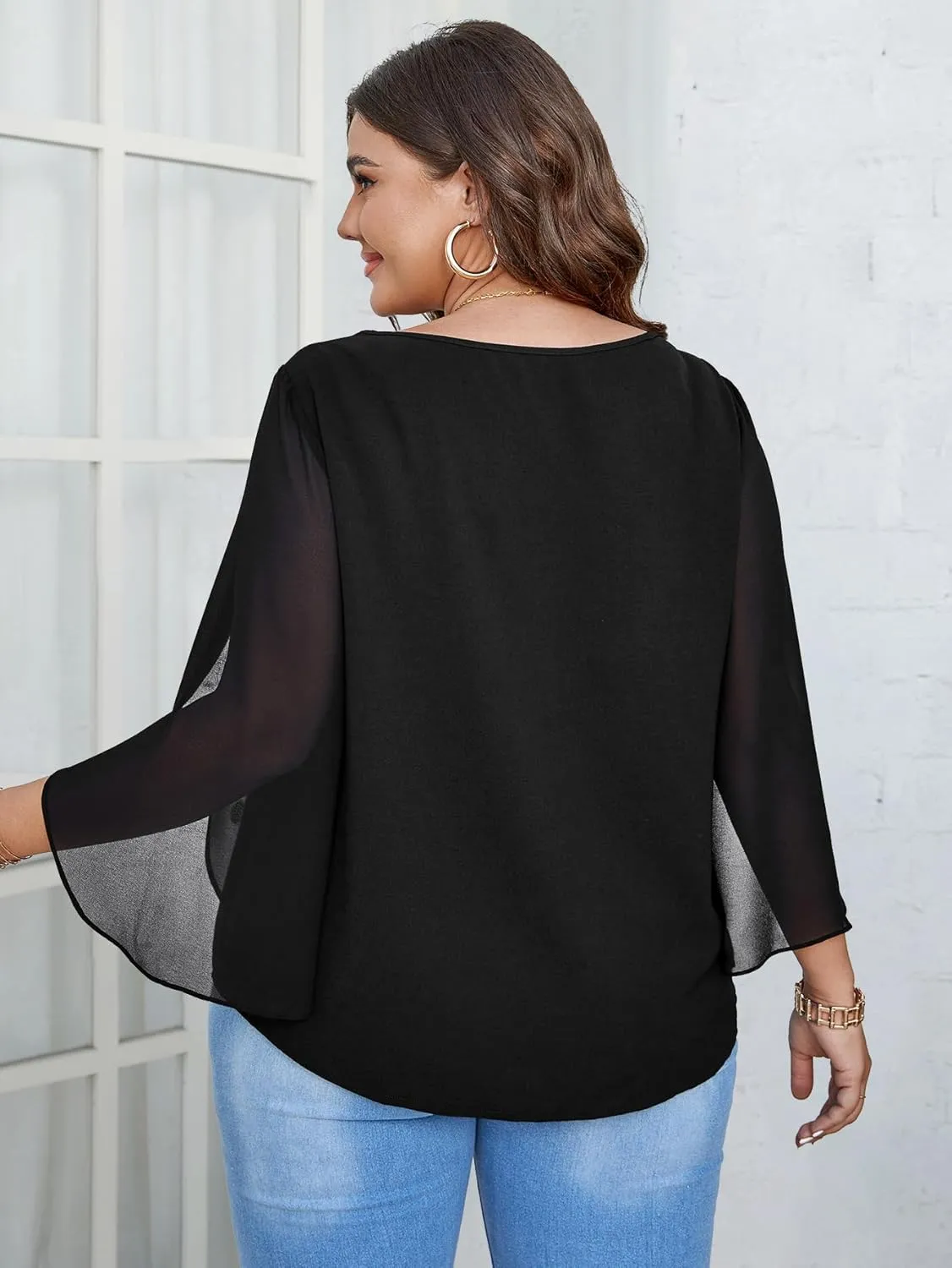 SCOMCHIC Plus Size Blouses for Women Summer Chiffon 3/4 Sleeve Tunic Tops Dressy Scoop Neck Casual Loose Flowy Shirts