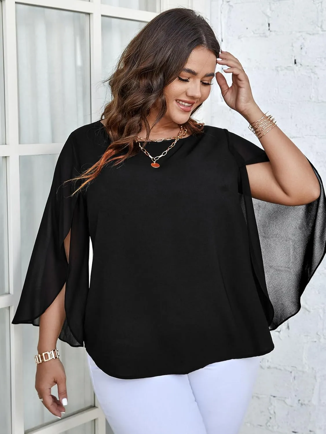 SCOMCHIC Plus Size Blouses for Women Summer Chiffon 3/4 Sleeve Tunic Tops Dressy Scoop Neck Casual Loose Flowy Shirts