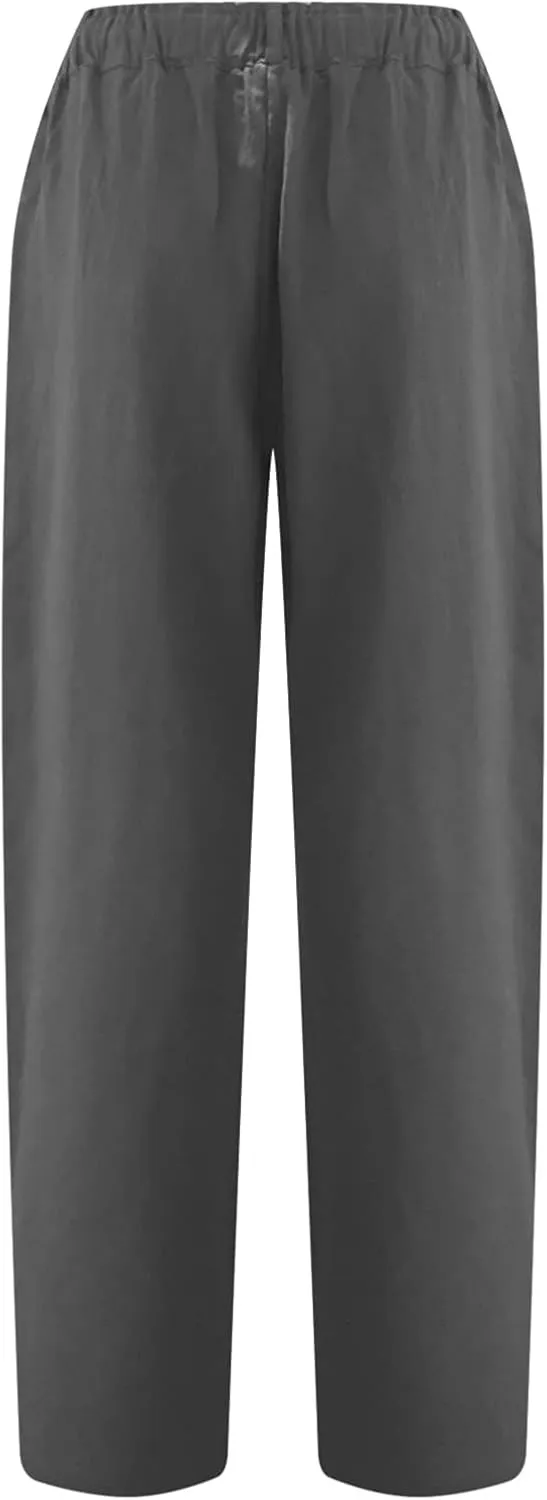 SMIDOW Womens Linen Button Cropped Pants Elastic High Waist Casual Loose Comfy Straight Leg Capris Lounge Trouser Dressy