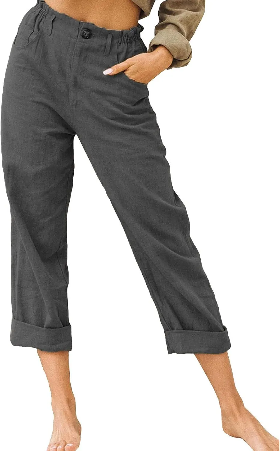 SMIDOW Womens Linen Button Cropped Pants Elastic High Waist Casual Loose Comfy Straight Leg Capris Lounge Trouser Dressy