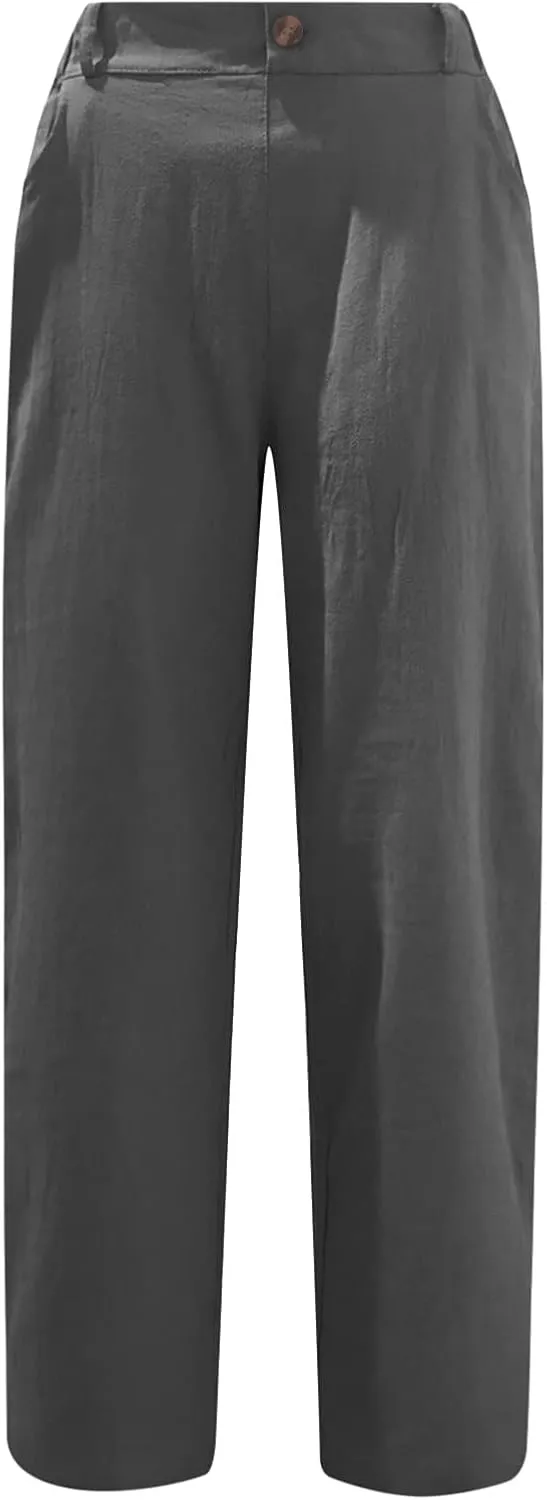 SMIDOW Womens Linen Button Cropped Pants Elastic High Waist Casual Loose Comfy Straight Leg Capris Lounge Trouser Dressy
