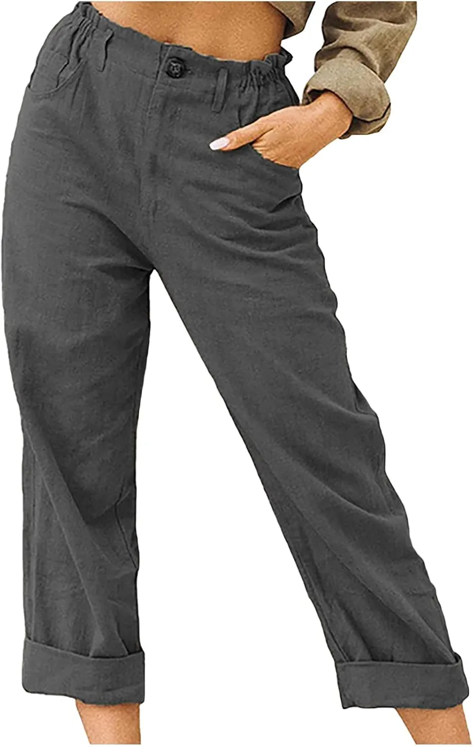 SMIDOW Womens Linen Button Cropped Pants Elastic High Waist Casual Loose Comfy Straight Leg Capris Lounge Trouser Dressy