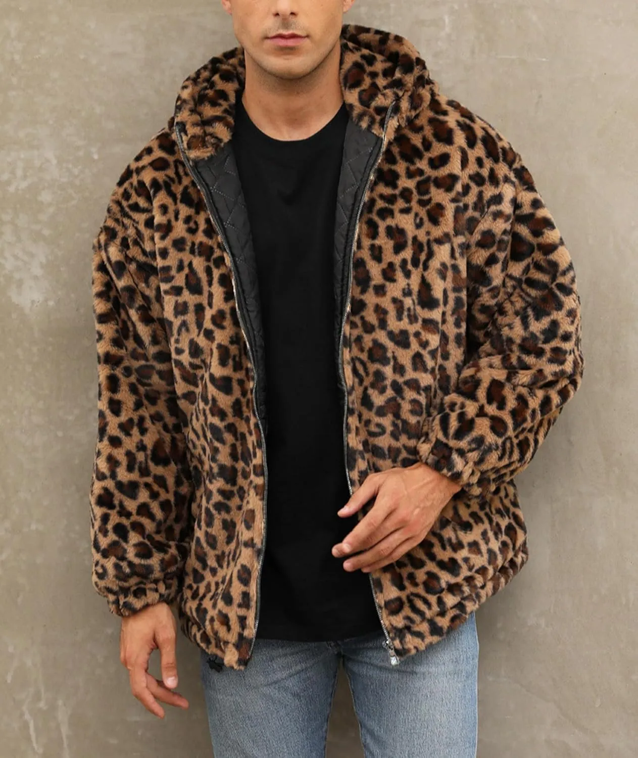 SOMTHRON Men's Faux Fur Leopard Hooded Jacket Shaggy Coat Zip Up Winter Warm Fluffy Furry Parka Overcoat