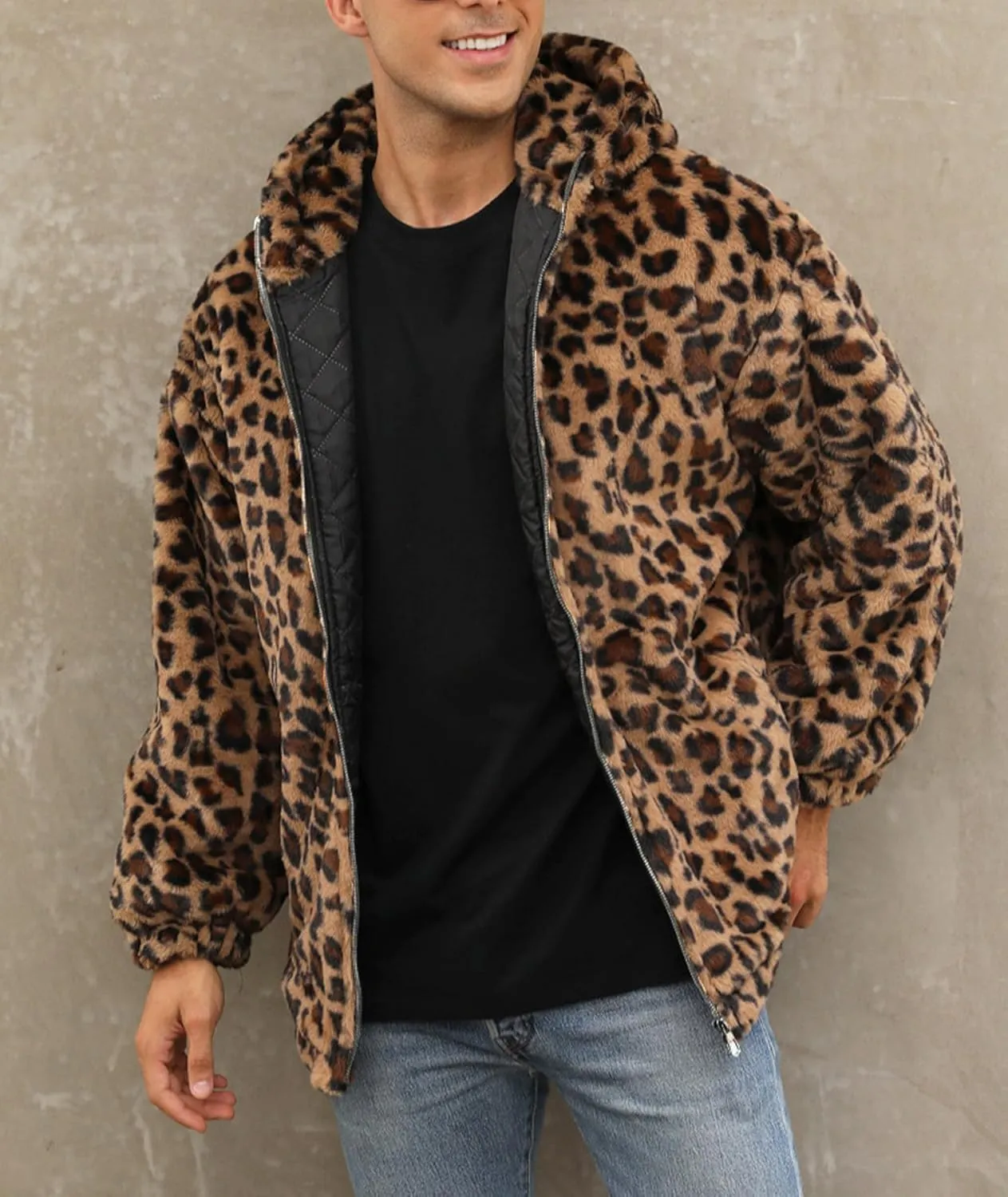 SOMTHRON Men's Faux Fur Leopard Hooded Jacket Shaggy Coat Zip Up Winter Warm Fluffy Furry Parka Overcoat